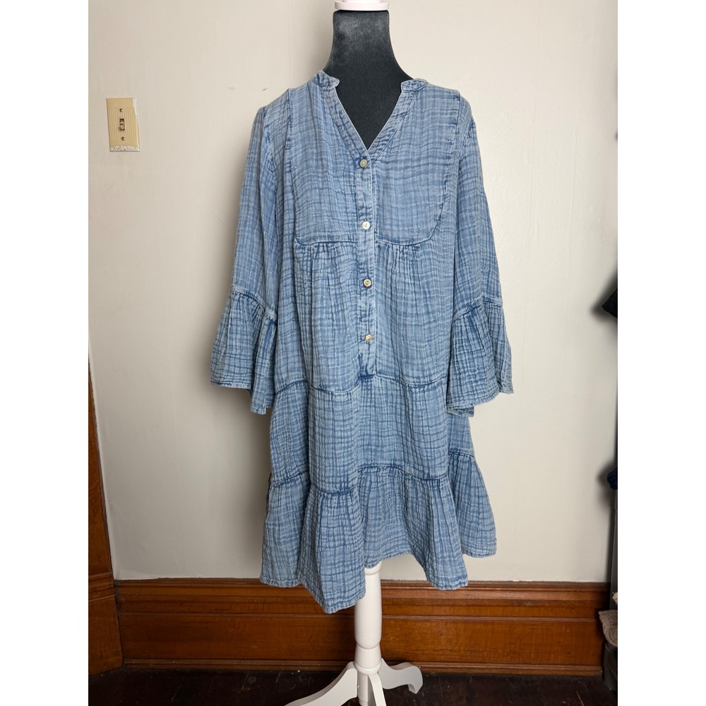 Faherty Indigo Organic Cotton Gauze Tiered Mini Dress Blue Bell Sleeve Small